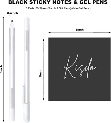 Kisdo Black Sticky Notes 3x3 Inches with 2 White Gel Pens