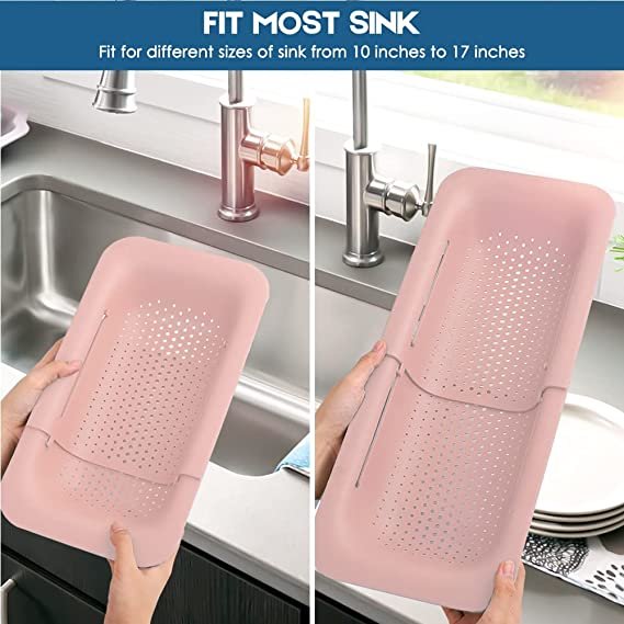 Collapsible Colander Kitchen Extendable Space-Saver Portable Drainer Over Sink (Pink)