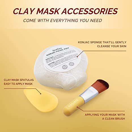 Turmeric Clay Mask for Dark Spots, Brighten and Refining Pores- Includes Mask Brush and Konjac Facial Sponges