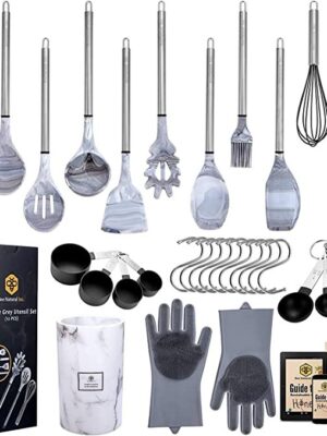BeeNatural Kitchen Utensil Set, 32 Piece Marble Grey Kitchen Gadget