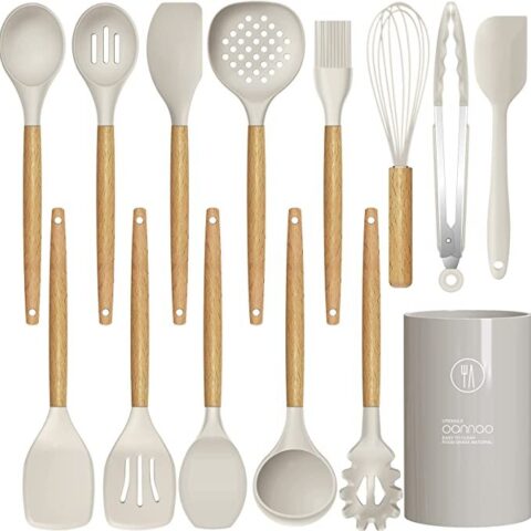 14 Pcs Silicone Cooking Utensils Kitchen Utensil Set - 446°F Heat Resistant (BPA Free Khaki)