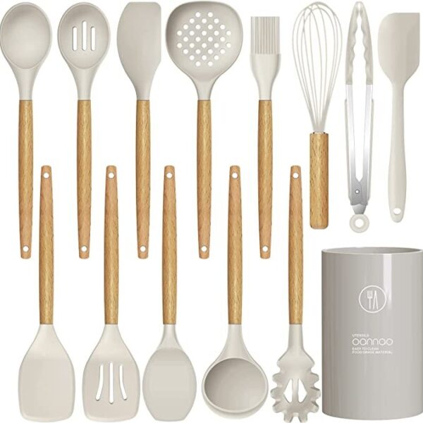 14 Pcs Silicone Cooking Utensils Kitchen Utensil Set - 446°F Heat Resistant (BPA Free Khaki)