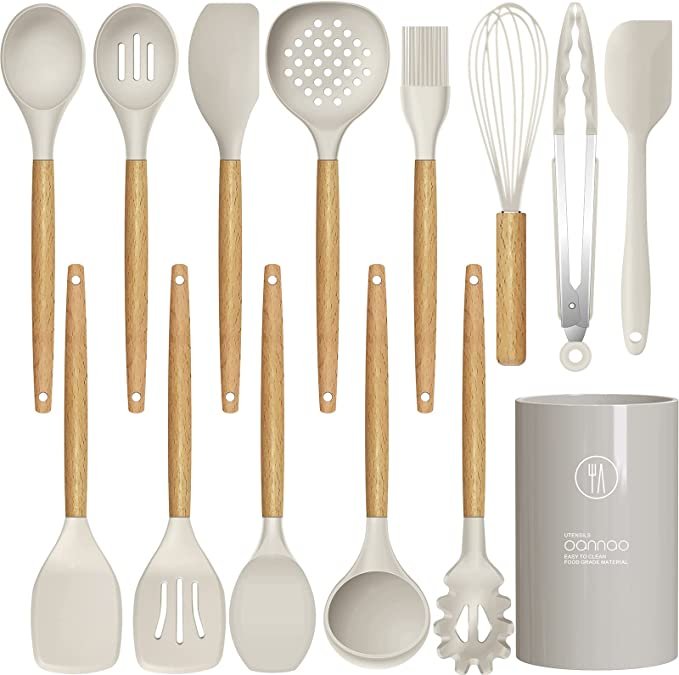 14 Pcs Silicone Cooking Utensils Kitchen Utensil Set - 446°F Heat Resistant (BPA Free Khaki)