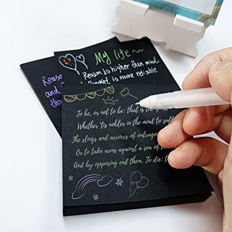 Kisdo Black Sticky Notes 3x3 Inches with 2 White Gel Pens
