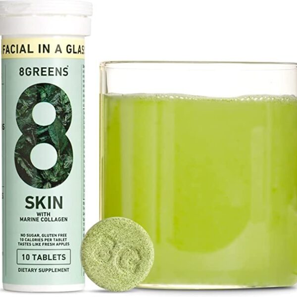 8Greens Skin + Marine Collagen for Beautiful Skin - Dietary Supplement - 8 Essential Healthy Real Greens in One (10 Tablets)