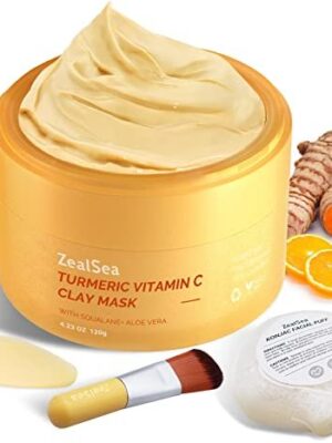 Turmeric Clay Mask for Dark Spots, Brighten and Refining Pores- Includes Mask Brush and Konjac Facial Sponges
