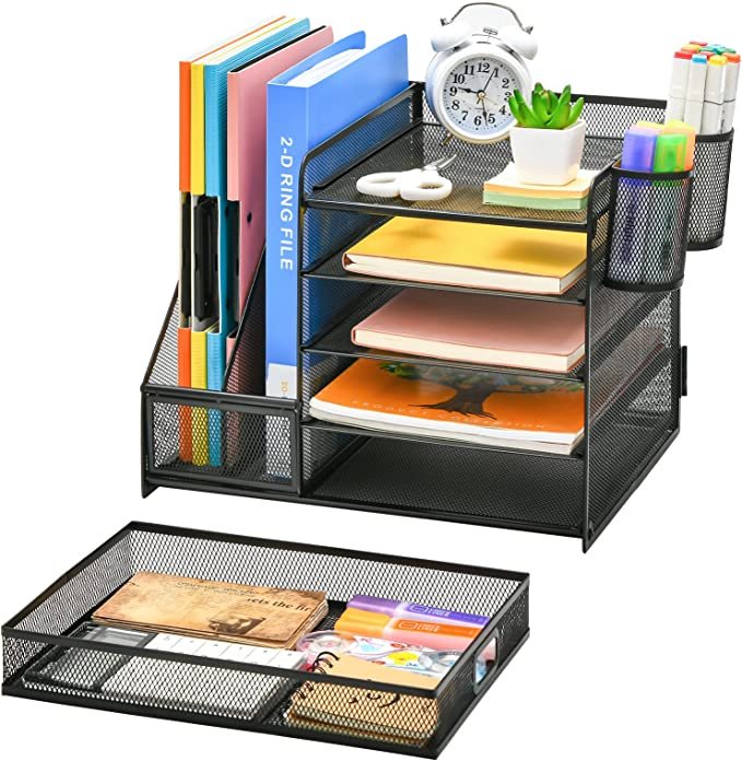 5-Tier Paper Letter Tray Organizer with Drawer and 2 Pen Holder, Marbrasse Desk Organizer with File Holder (Black)