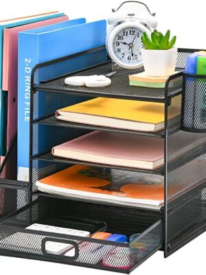 5-Tier Paper Letter Tray Organizer with Drawer and 2 Pen Holder, Marbrasse Desk Organizer with File Holder (Black)
