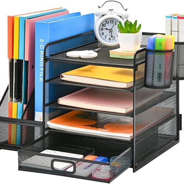 5-Tier Paper Letter Tray Organizer with Drawer and 2 Pen Holder, Marbrasse Desk Organizer with File Holder (Black)
